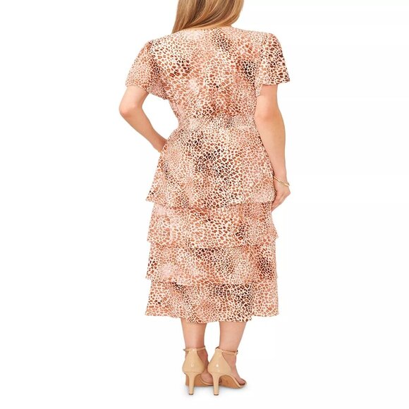 129$ VINCE CAMUTO Animal-Print Flutter Sleeve Tiered Midi Dress Size S Beige - Picture 2 of 3